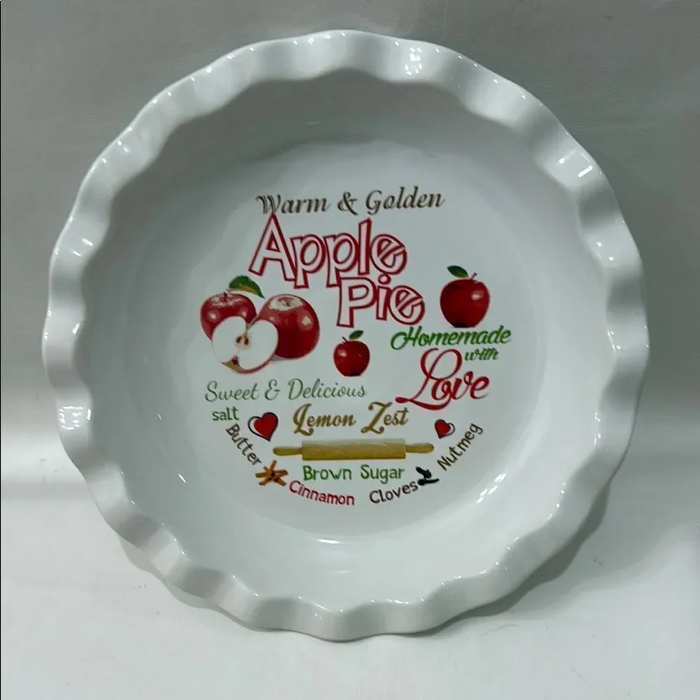 Apple Pie Ceramic Pie Dish 10 X 1 1/2 Inches Warm Golden White Red Fruit